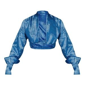 PLT: Blue Satin Printed Twist Front Long Sleeve Crop Top